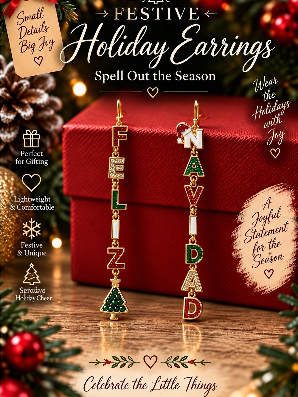 Festive Holiday FELIZ NAVIDAD Dangle Earrings - Gold, Red & Green
